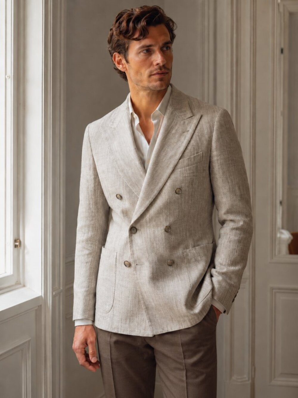 Boggi Milano Cream Textured Double Breasted Blazer Jacket